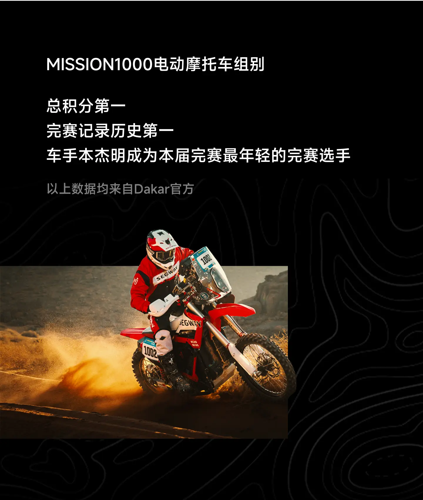 2025达喀尔Segway刷新纪录：Mission1000摩托车组别总积分历史第一，完赛率历史第一, 历史最年轻完赛选手。